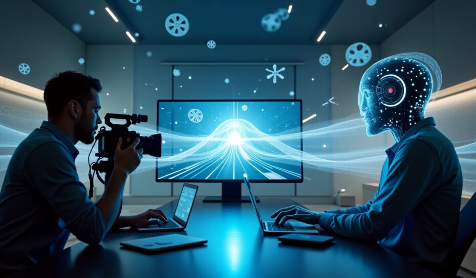 Flux_Dev_A_futuristic_digital_workspace_with_a_human_filmmaker_3 AI vs. Human Creativity:
